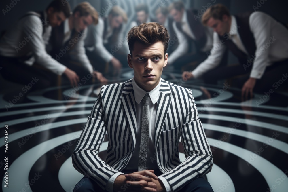Poster a professional man in a suit sitting in front of a group of people. this image can be used to depict