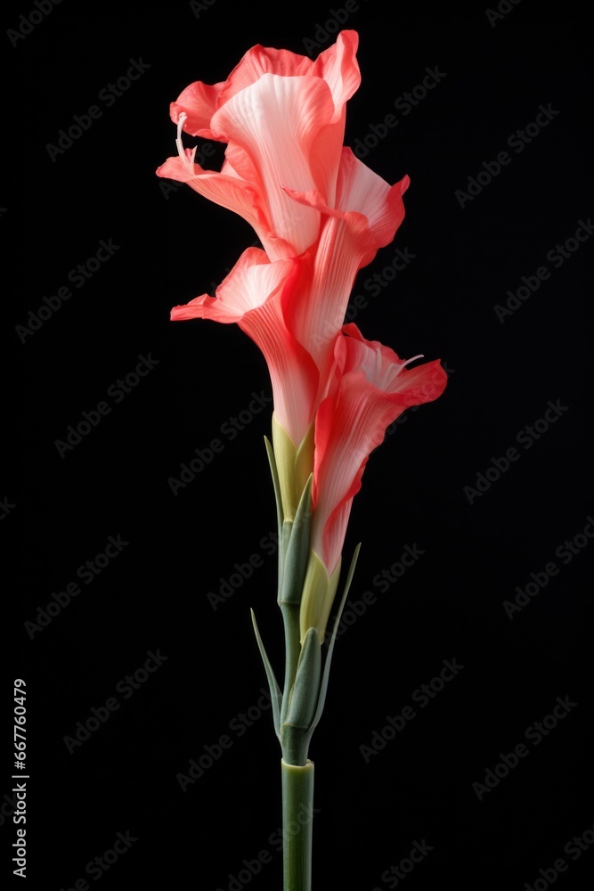 Poster a single pink flower on a stem against a black background. perfect for adding a touch of elegance an