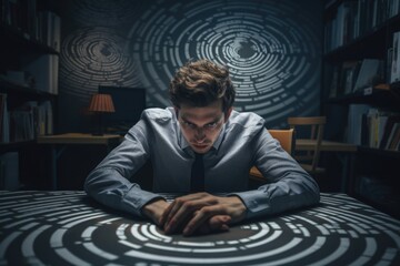 A man is sitting at a table in a dark room. This image can be used to depict solitude, mystery, or contemplation. It can also be used in themes related to work, study, or concentration