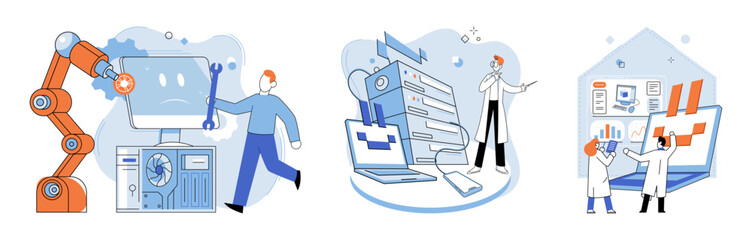 Computer troubleshooting. Vector illustration. The computer troubleshooting metaphor compares process to solving complex puzzle Technicians troubleshoot and repair computer problems efficiently