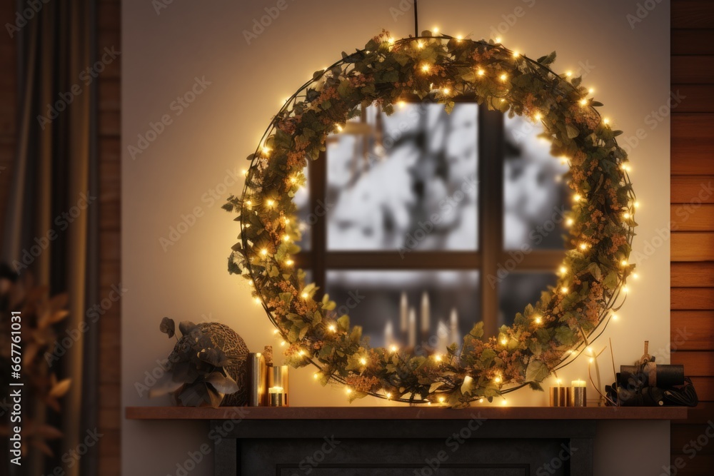 Poster A beautiful lighted wreath is placed on a mantle in front of a window, creating a warm and festive atmosphere.
