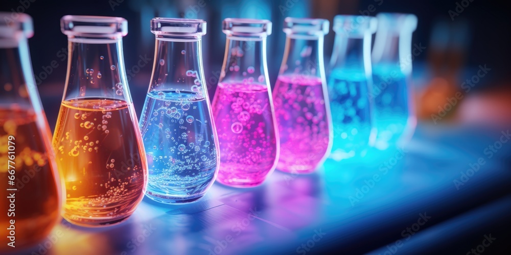 Poster A row of test tubes filled with various liquids. This image can be used to illustrate scientific experiments or research in laboratories