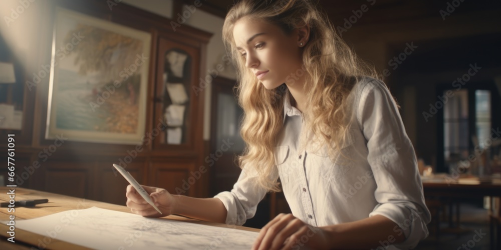 Poster a woman sitting at a table using a cell phone. this image can be used to illustrate modern technolog