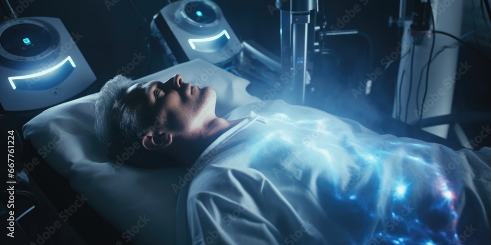 Poster a man is shown lying in a hospital bed next to a robot. this image can be used to depict the advance
