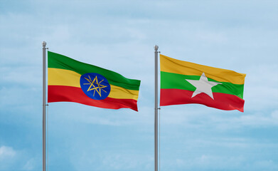 Myanmar and Ethiopia flags, country relationship concept