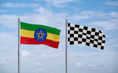 Checkered racing and Ethiopia flags, country relationship concept