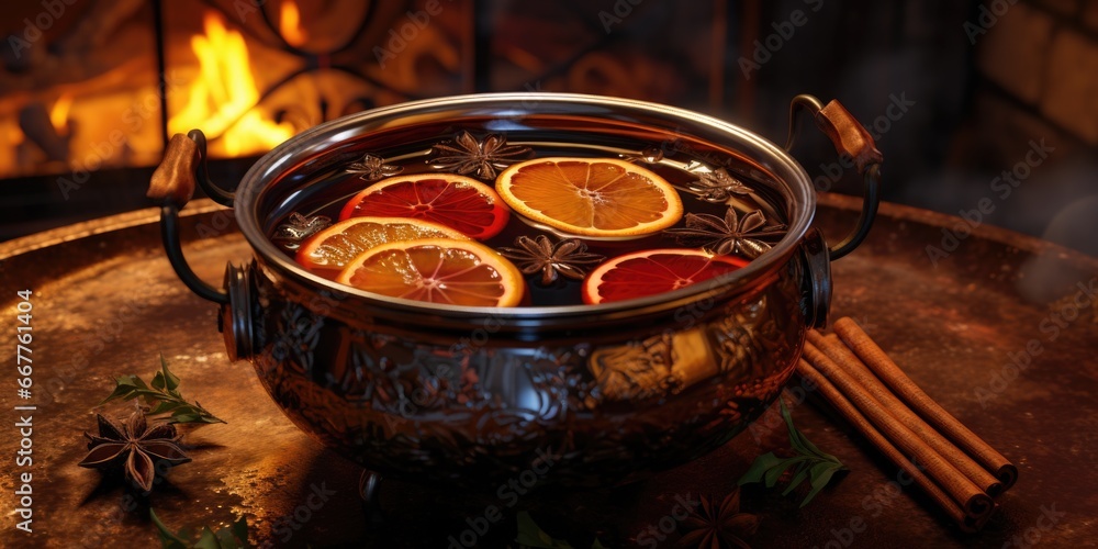 Poster a pot filled with orange slices and aromatic spices. this image can be used to add warmth and flavor