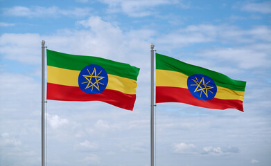 Two Ethiopia flags, country relationship concept