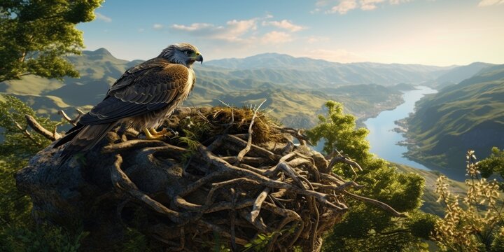 A bird perched on top of a nest in a tree. This image can be used to depict the beauty of nature and the nurturing instinct of birds