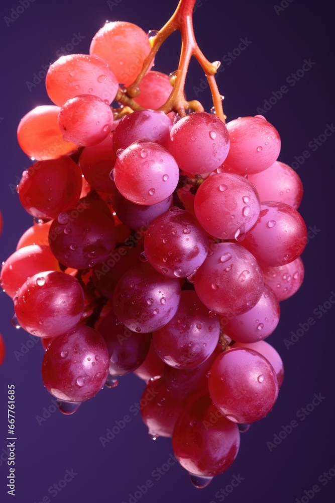 Poster A close-up view of a bunch of red grapes. This image can be used to showcase the vibrant colors and textures of fresh produce.
