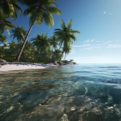 A serene beach scene with palm trees and a beautiful body of water. Perfect for travel brochures or website backgrounds