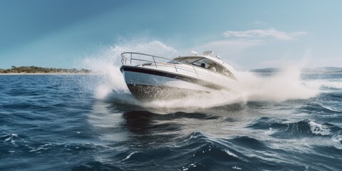 Fototapeta premium A speed boat racing through the water on a beautiful sunny day. Perfect for capturing the excitement and thrill of water sports.