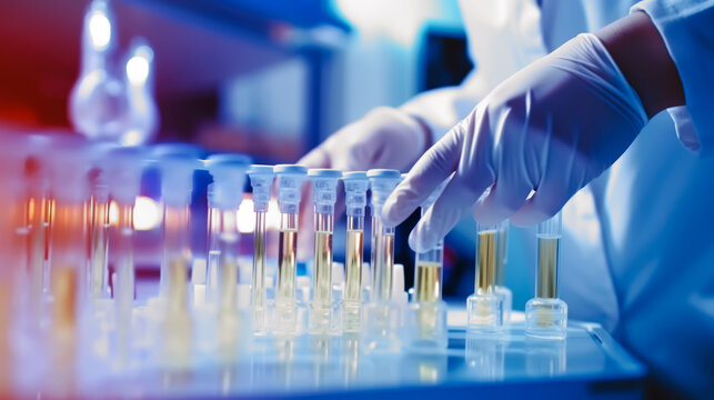 Doctor's hand with urinalysis sample for drug test in the hospital laboratory. Hands doctor holding urine tube test for analysis in the lab. Generative Ai.