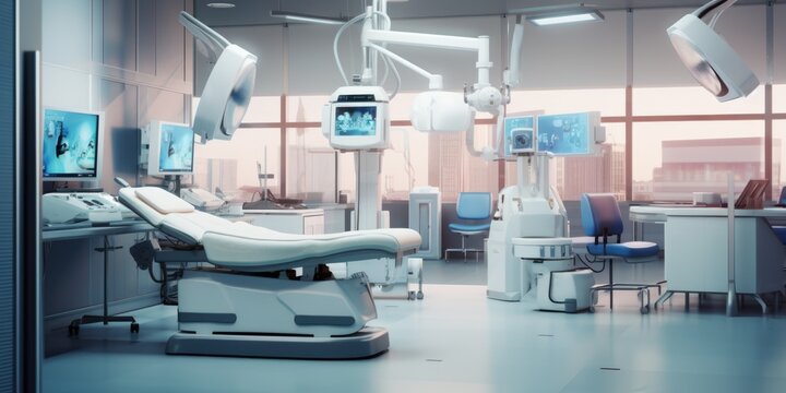 A hospital room filled with various medical equipment. This image can be used to depict a healthcare setting or to illustrate the importance of modern medical technology
