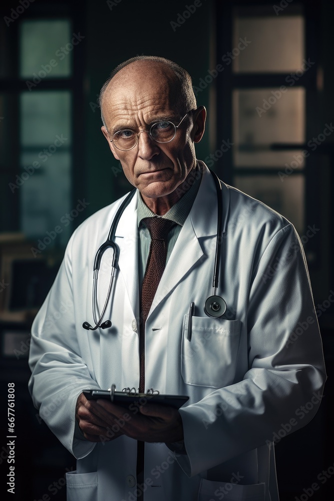 Poster A man wearing a lab coat is holding a tablet computer. This image can be used to illustrate scientific research, technology advancements, or modern workplace concepts