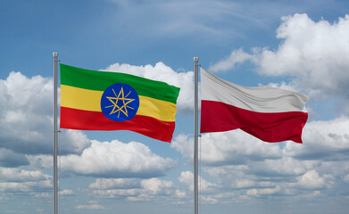 Poland and Ethiopia flags, country relationship concept