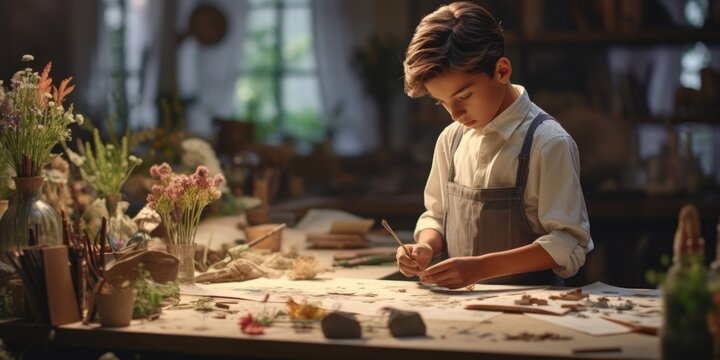 A young boy is seen working on a piece of wood. This image can be used to showcase craftsmanship, woodworking, DIY projects, or children learning skills