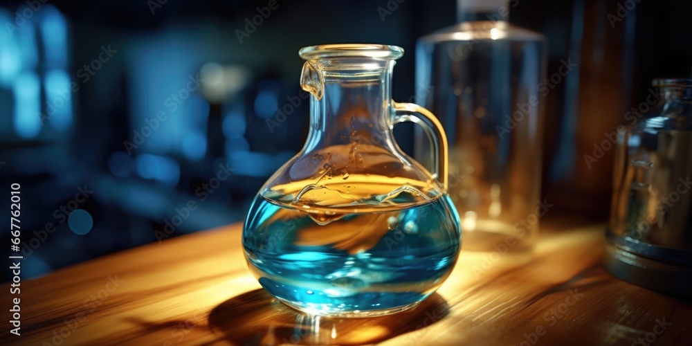 Aufkleber A glass pitcher filled with liquid sitting on top of a wooden table. This versatile image can be used for various themes and concepts