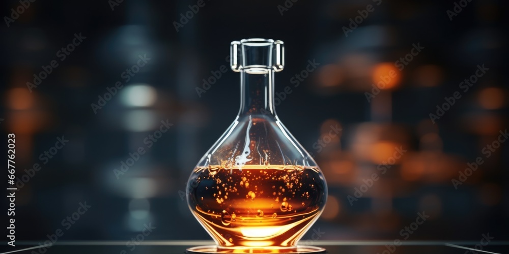 Poster a glass bottle filled with liquid is placed on top of a table. this image can be used to depict vari