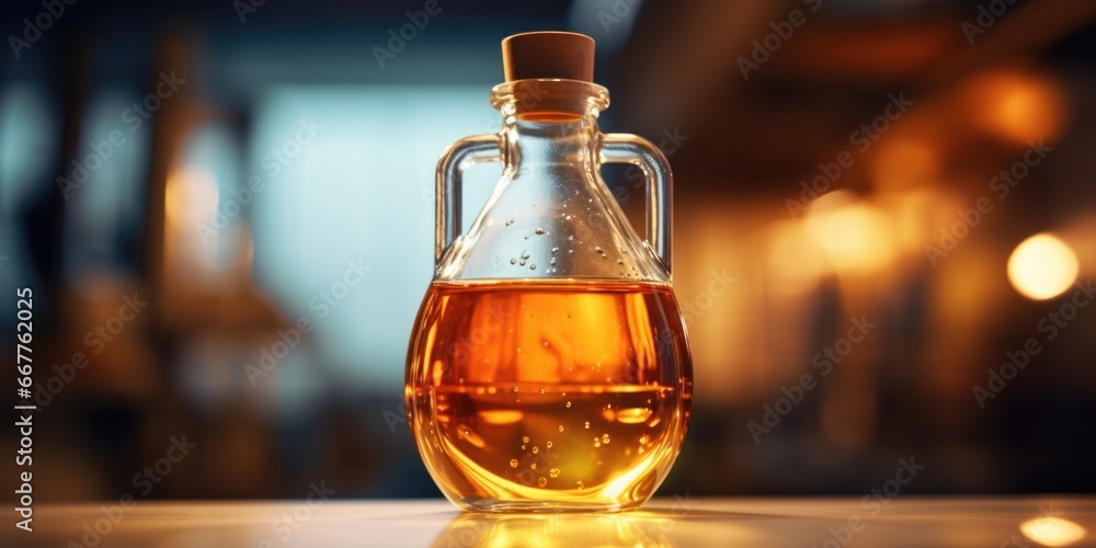 Poster A bottle of liquid sitting on top of a table. This versatile image can be used in various contexts