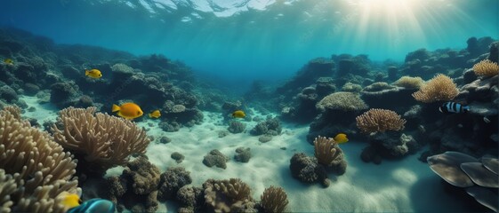 Fototapeta na wymiar underwater photo blue background panorama ocean surface and bottom of the sea