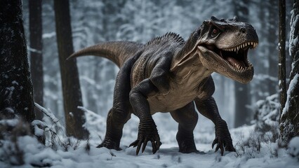 dinosaur in the snow  The vicious dinosaur was a noble creature that walked in the epic world 