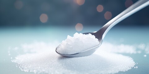 A spoon full of sugar sitting on top of a pile of sugar. This image can be used to depict sweetness, cooking, baking, or indulgence in sugary treats