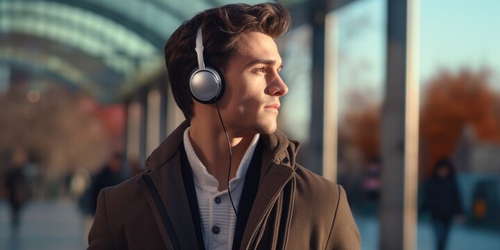 A man wearing headphones stands in front of a building. This image can be used to represent music, urban lifestyle, or technology