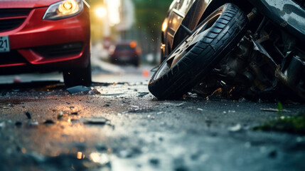 car crash accident on street, damaged automobiles after collision in city. AI Generated - obrazy, fototapety, plakaty