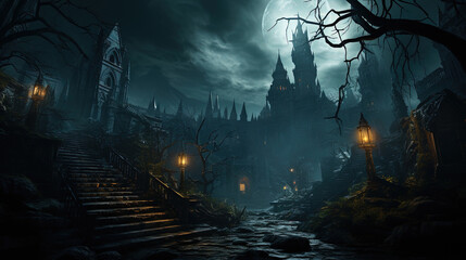 Obraz premium Dramatic A Haunting Gothic Horror of an Abandoned Mansion Foggy Dark Background