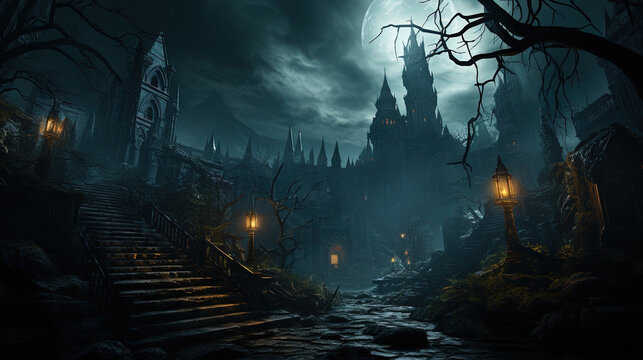 Dramatic A Haunting Gothic Horror of an Abandoned Mansion Foggy Dark Background