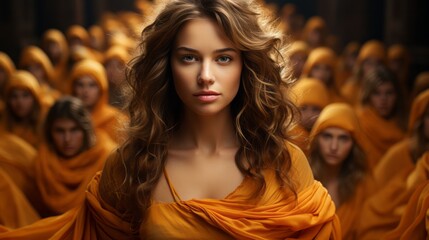 A striking woman draped in vibrant orange robes stands confidently indoors, radiating strength and spirituality amidst a sea of yellow hues in this captivating portrait - obrazy, fototapety, plakaty