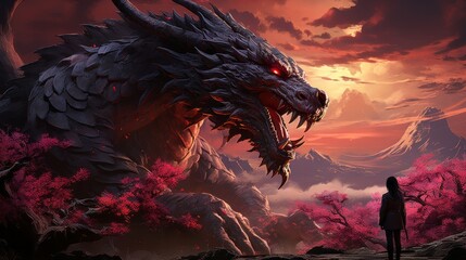 Against the backdrop of a vibrant anime sky, a fierce dragon with fiery red eyes and razor-sharp teeth reigns supreme, embodying both power and untamed beauty - obrazy, fototapety, plakaty