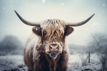 Portrait of a Highland cow in a field under the snow in winter
