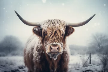 Fotobehang Portrait of a Highland cow in a field under the snow in winter © Delphotostock