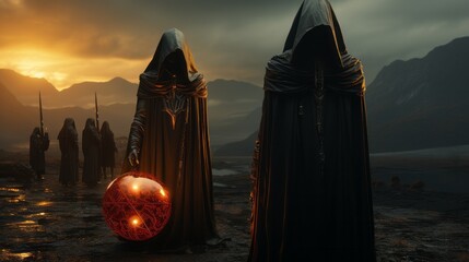 As the sky turned into a canvas of fiery hues, a mysterious group of figures emerged from the fog, their black robes blending with the shadows of the mountain