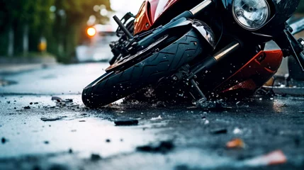Foto op Canvas The motorcycle lies on the sidewalk after a road trip. Severe accident. Accident, close-up. AI Generated © millenius