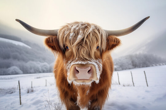 Portrait of a Highland cow in a field under the snow in winter