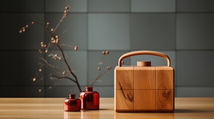 A rustic wall adorned with a wooden box and two vibrant red vases, bringing life to the indoor space with a touch of earthy charm