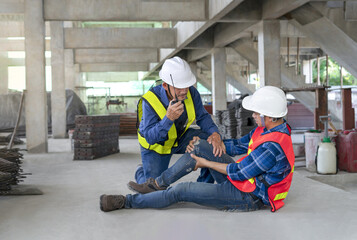 a worker's legs was injured at site, a colleague rescued him from accident and using walkie-talkie...