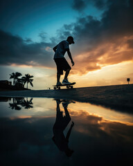 man ride with skateboard during his vacation on the coast, enjoy the moment, sunset sky background and dramatic clouds in water reflection