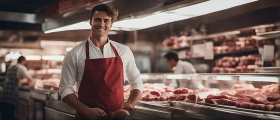 Fotobehang Young smiling woman / man butcher standing at the meat counter © Adi