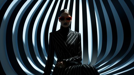 A vibrant woman in a striped suit and red sunglasses exudes artistic expression, captivating the attention of a man with her bold fashion choices - obrazy, fototapety, plakaty
