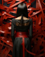 The bold contrast of a woman's elegant black dress and fiery red belt creates a striking masterpiece, blending art and fashion with a hint of seduction
