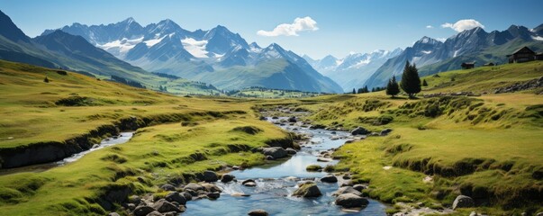 Idyllic mountain landscape in the Alps with blooming meadows in springtime, morning light, copy space, Generative AI