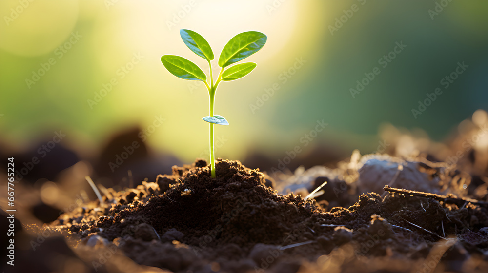 Poster A young seedling emerges from fertile soil, bathed in soft morning sunlight, symbolizing new beginnings and growth.