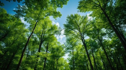 Fototapeta premium Looking up at the green tops of trees, Generative AI