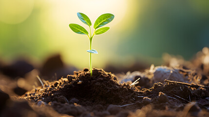A young seedling emerges from fertile soil, bathed in soft morning sunlight, symbolizing new beginnings and growth.