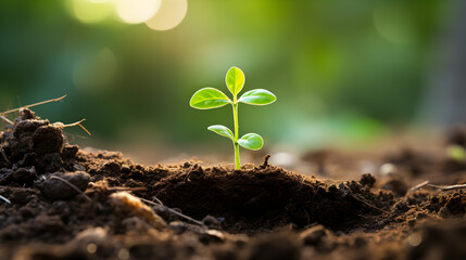 A young seedling emerges from fertile soil, bathed in soft morning sunlight, symbolizing new beginnings and growth.