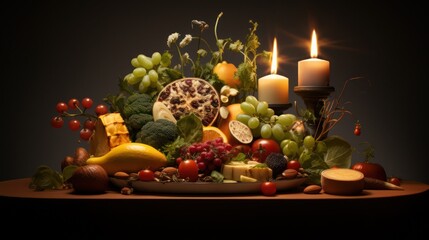 Beautifully and attractively arranged healthy foods with romantic candles